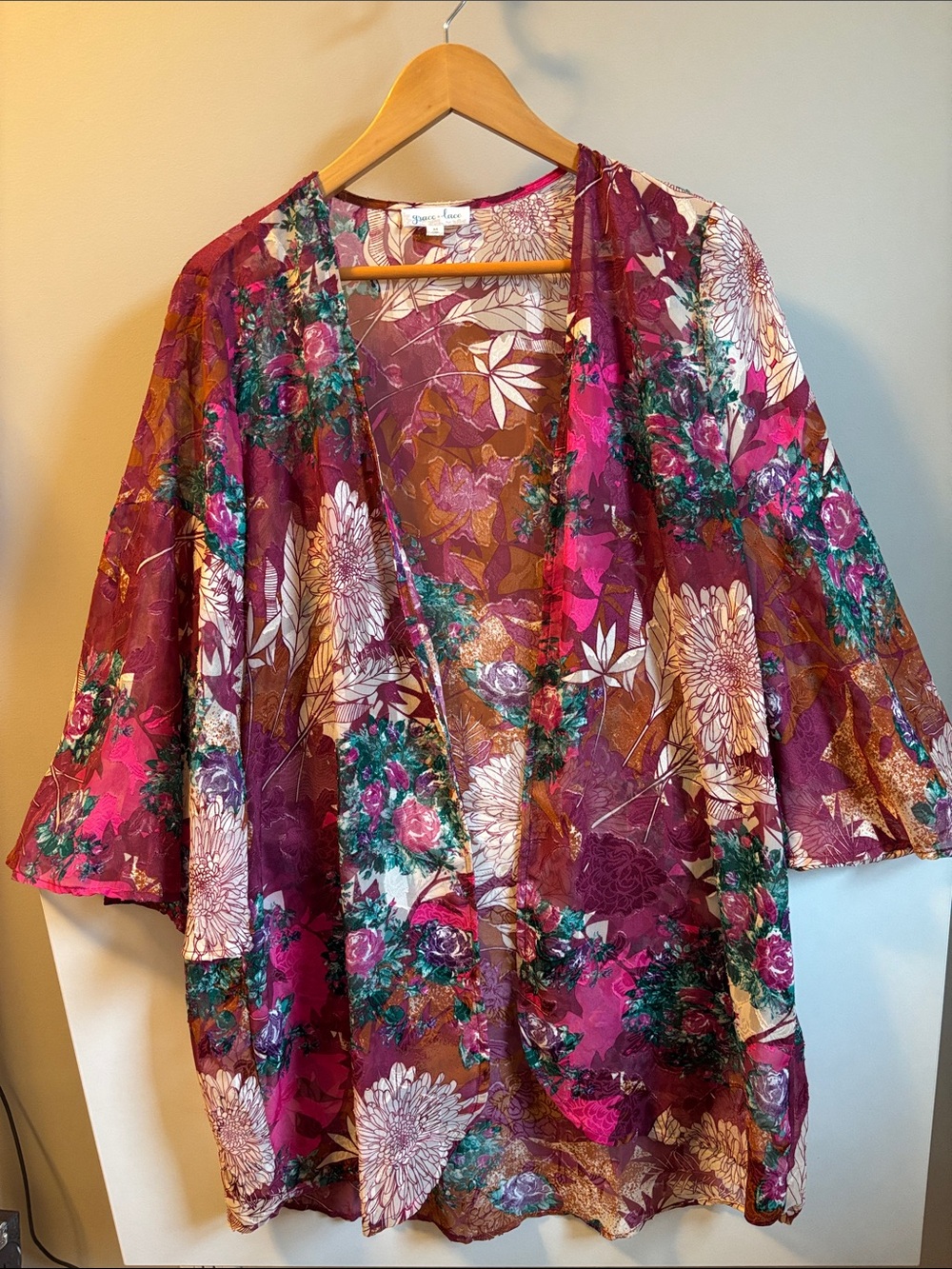 Grace & Lace Open-Front Floral Kimono Top - Magenta, Green, White